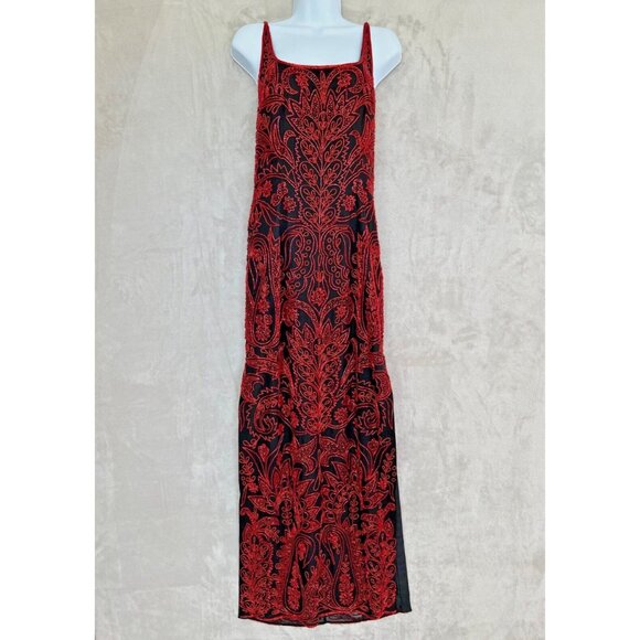 Vintage Cache Red Beaded Halter Prom Dress Gown Small Black Silk Whimsigoth - Picture 1 of 14